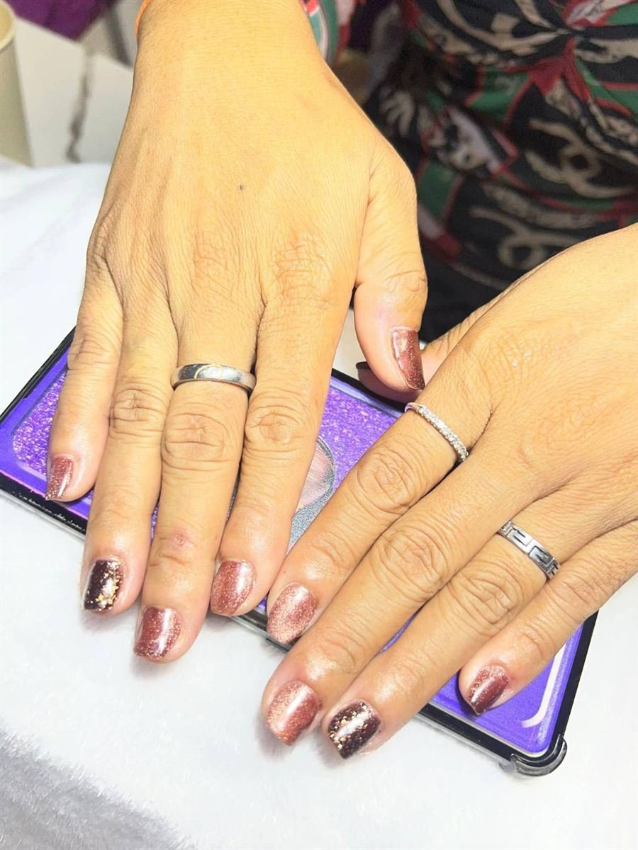 Rose gold and burgundy glitter gel nails